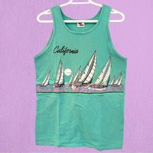 Vintage 1990 California tank top turquoise with sail boats